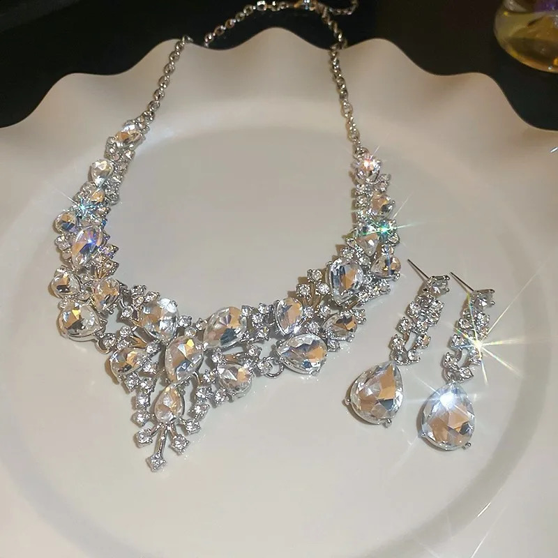 Crystal Bridal Jewelry Set Rhinestone Necklace Choker Earrings for Wedding Banquet Bride Formal Events Women 260625 - view 6