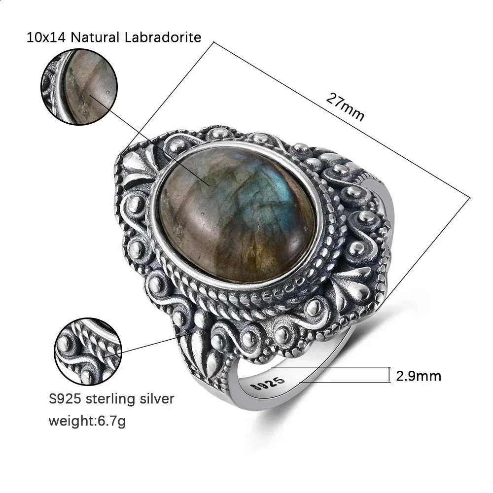 Retro Silver Plating Ring Oval Natural Labradorite Rings for Women Finger Gemstone Party Gift Jewelry 260625 - view 7