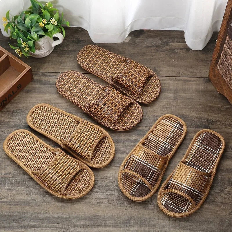 Summer Woven Rattan Strap Slipper For Home Use Sandals Women Portable Bamboo Sticks Weaving Slides Indoor Floor Anti-Slip Shoes 260624