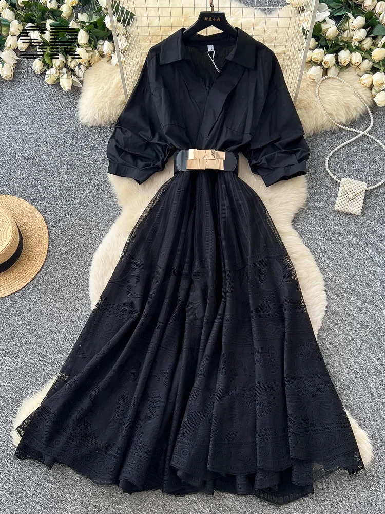 SINGREINY Women Vintage Lace Dress est 2026 Slim French Hollow Out Sashes Patchwork Senior Office Lady Aline Maxi Shirtdress 260625 - view 3