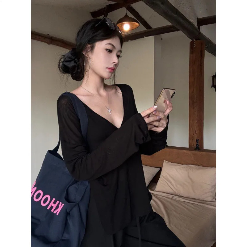 Thin Perspective Long Sleeved Tshirt for Womens Summer Loose Casual Korean Base Sun Protection Cover Up Top Women 260625 - view 5