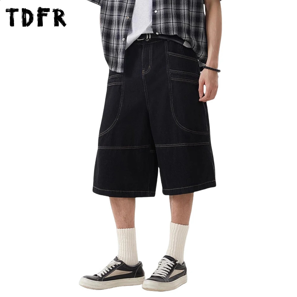 Pocket Denim Shorts Mens Top Stitch Spliced Summer Streetwear Loose Straight Wide Leg Short Jeans Men 260625 - view 1