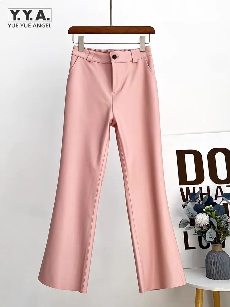 High Waist Slim Fit Office Lady Genuine Leather Pants Solid Elastic Fashion Flared Women Casual Trousers Size L4XL 260625
