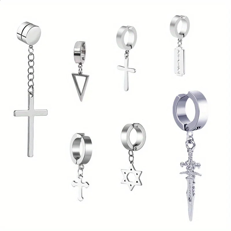 2pcs Fashionable Stainless Steel No Ear Holes Cross Clip NonPiercing Tassel Star Blade Earrings Jewelry for Men Women 260623 - view 4
