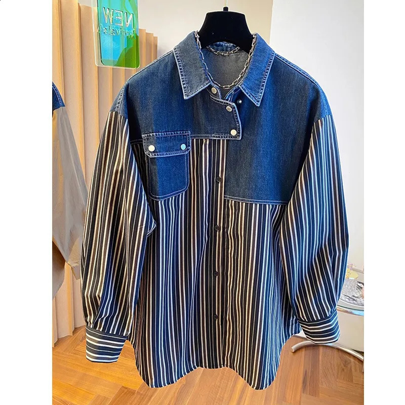 SuperAen 2026 Spring n Oversize Denim Patchwork Stripe Long-Sleeved Shirt for Women Fashion Casual Shirts 260626 - view 4