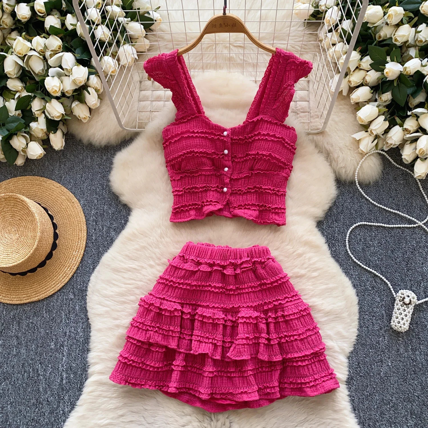 Summer Beachwear sweet Women Suits Strapless Edible Tree Fungus Chic TopsElastic Waist MIni Skirt Vacation Casual Sets 260625 - view 7
