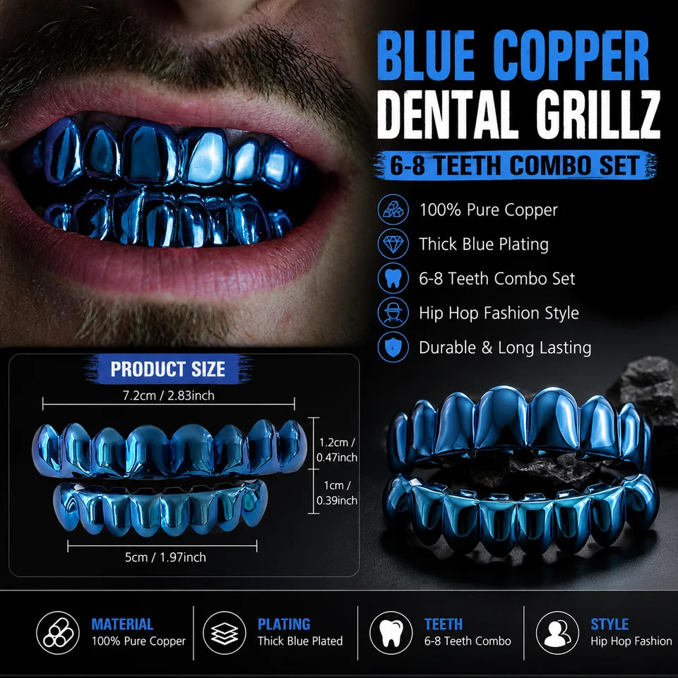 JINAO Hip Hop 6-8 Teeth Smooth surface Drak Blue color Grillzs set Men Women TopBottom shinny Grill Punk Rapper Christmas 260626 - view 4