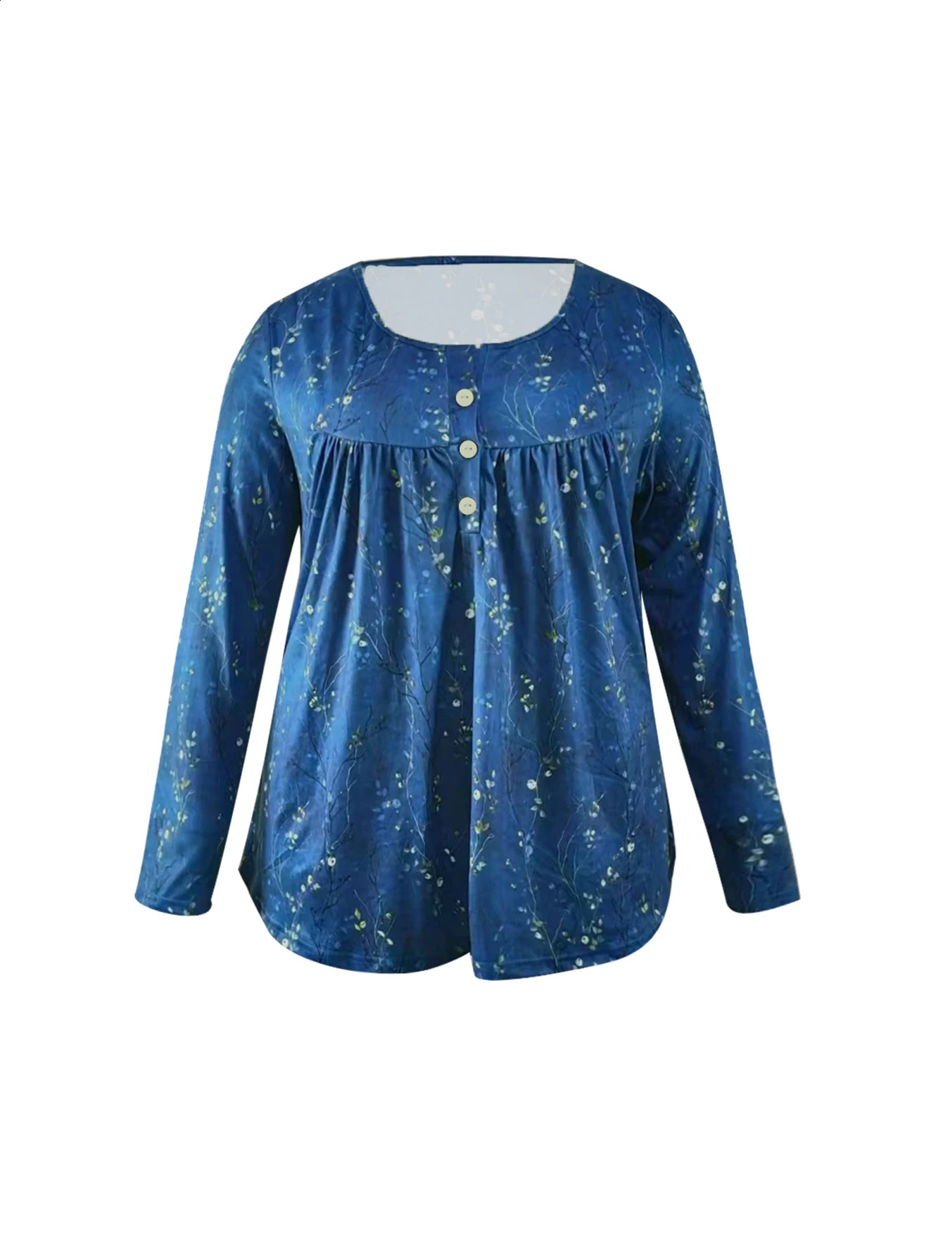 Plus Size Womens Spring and Autumn Long Sleeve Random Plant Print Button T-Shirt 260626 - view 6