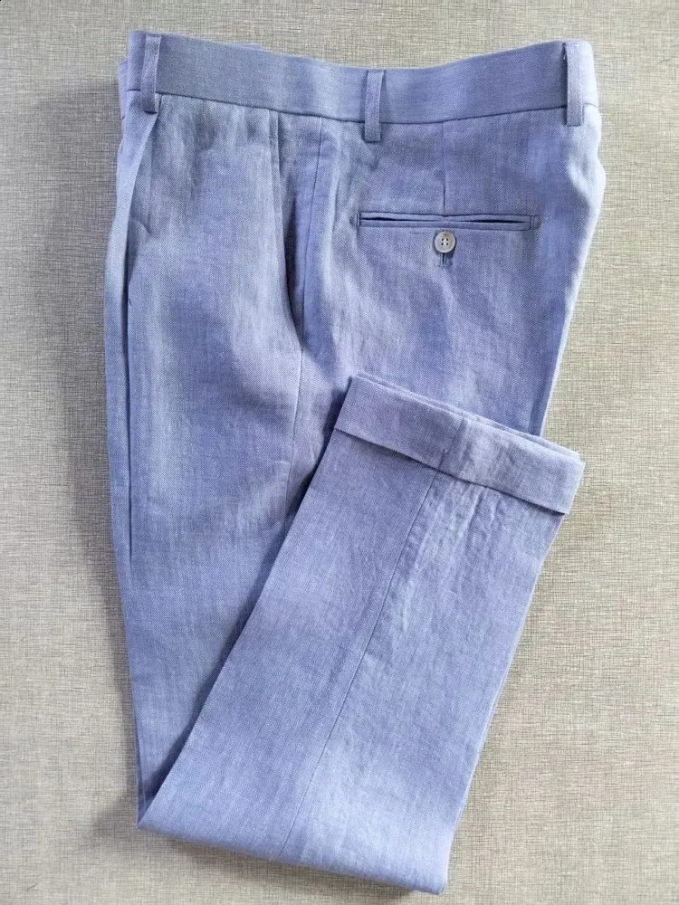 Summer Mens Light Blue Daily Casual Ankle length Trousers Straight Leg Pant Fashion Linen Pants Mid Waist Button Slim Fit 260625 - view 3