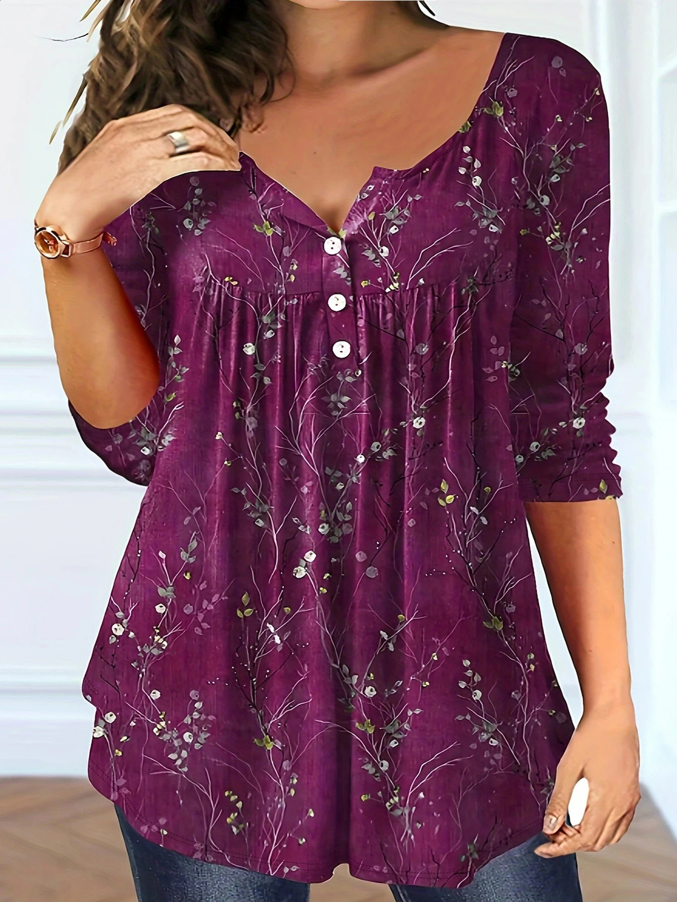 Plus Size Womens Spring and Autumn Long Sleeve Random Plant Print Button T-Shirt 260626 - view 3