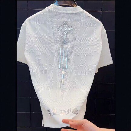 2026 Summer New Men's Hollow Knit Short Sleeve T-Shirt With Luxurious Sequin Cross Design, Fashionable And Versatile Men Round-Neck Pullover - view 4