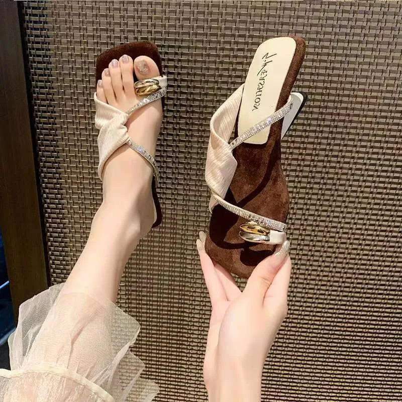 y Rhinestone Square Toe Sandals Loop Women Elegant Pleated Slides Metal Decor Beach Wedding Party Dress Mules Shoes 260626