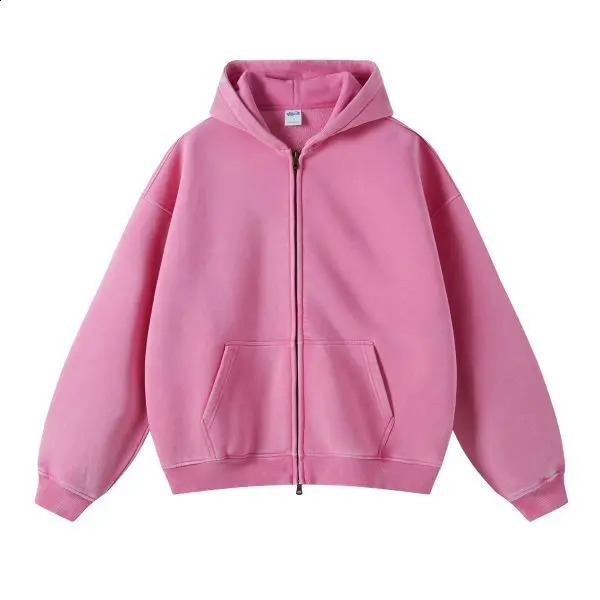 Spring Autumn Fahsion Mens Casual Trendy Loose Solid Color Waxed Hooded Hoodies American Zipper Washed Vintage Coat Male 260625CJ - view 6