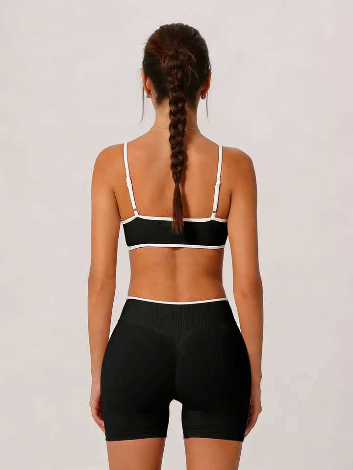 Set 2 Piece Women Workout Contrast Trim Yoga Sports Bra Biker Shorts Activewear M260626 - view 3