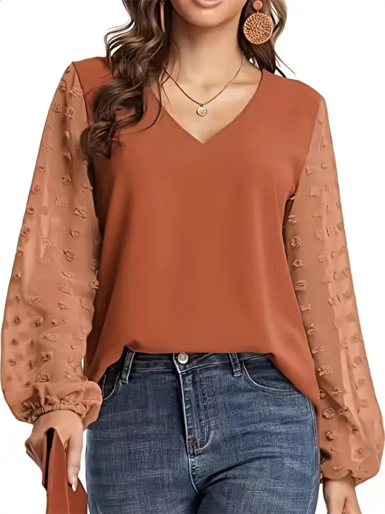 Women Spring Summer Style Blouses Shirts Lady Casual VNeck Long Lantern Sleeve Solid color Blouse Tops DF5016 260626