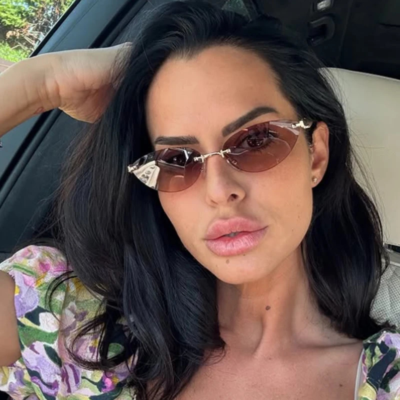Unique Rimless Brown Sunglasses Women 2025 Metal Frameless Cat Eye Glasses Woman Small Frame High-end y Eyewear 260626 - view 4