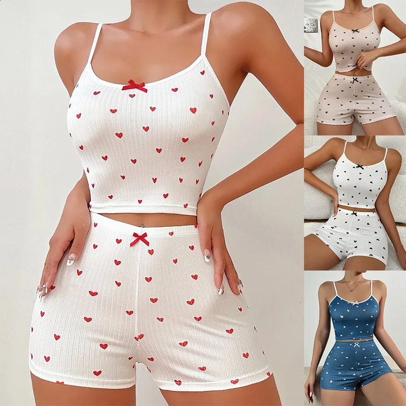 Spring Summer Sleepwear for Women Pajamas Heart Print Casual Backless Crop Cami Top High Waist Skinny Shorts Set Loungewear 260625