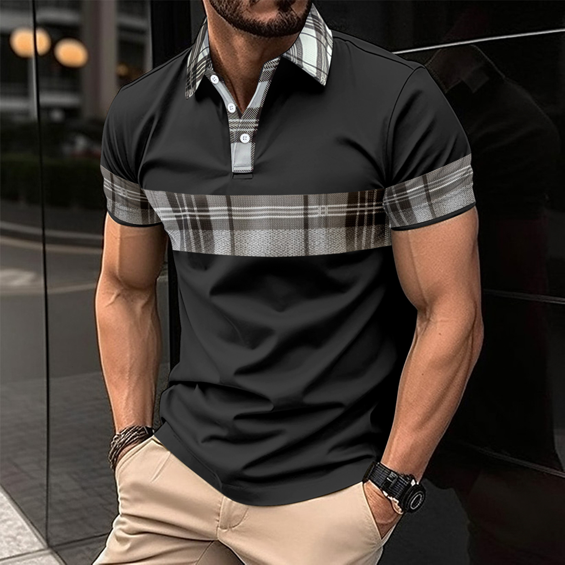 Men's Casual POLO Shirt, Fashionable V-Neck Buttoned Striped Short-Sleeve Patchwork Versatile T-Shirt2 - view 4