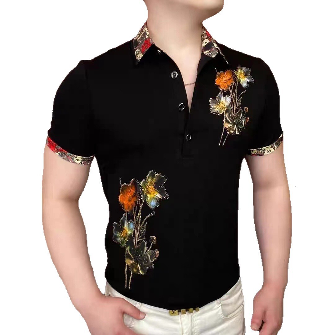 2026 Summer Black Short-Sleeve Polo Shirt For Men, Colorful Printed T-Shirt, Trendy Slim Fit, Personalized Casual Top - view 6