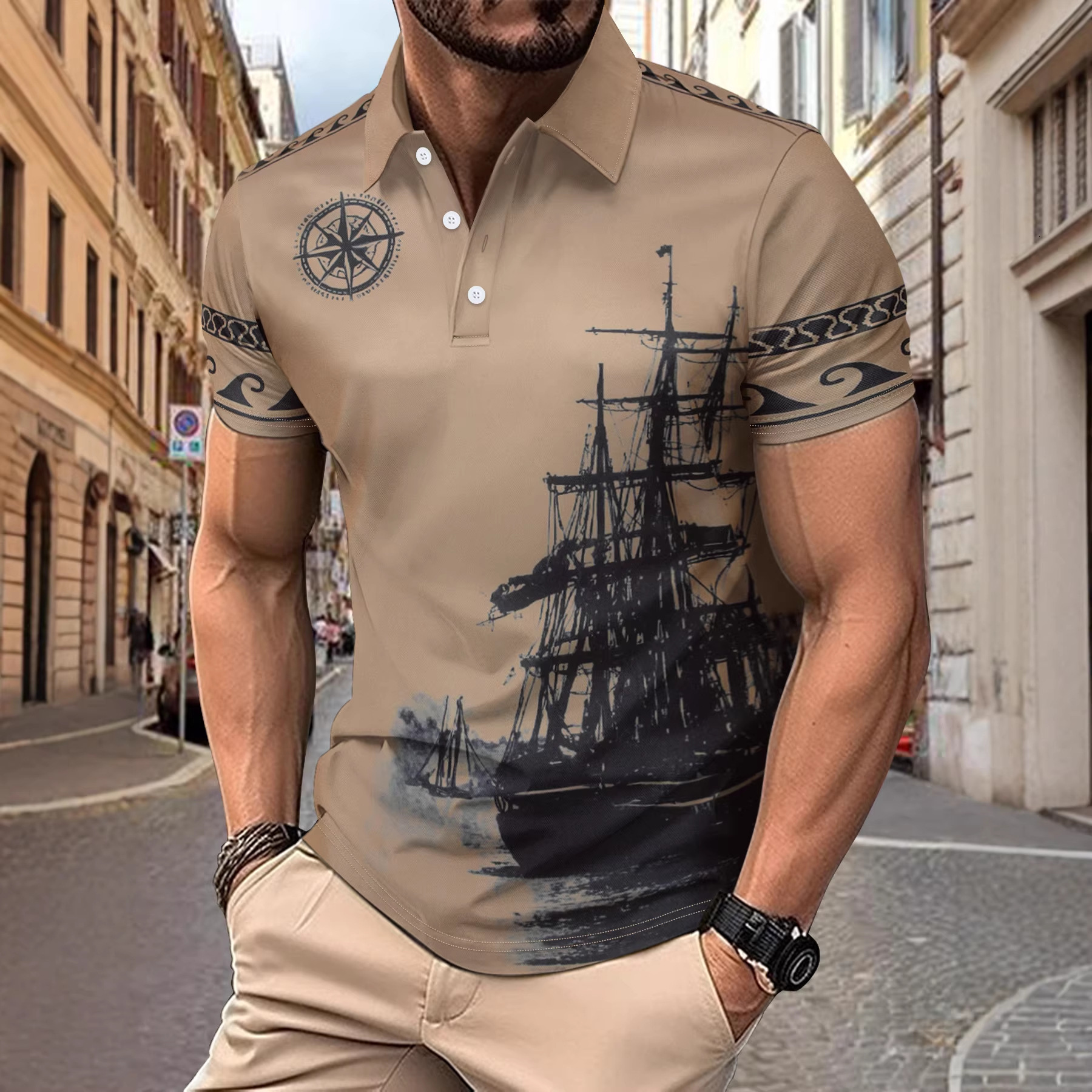 American Summer New Style Sailing Pattern Printed Turn-Down Collar Men's Casual Short-Sleeve POLO Shirt T-Shirt - view 3