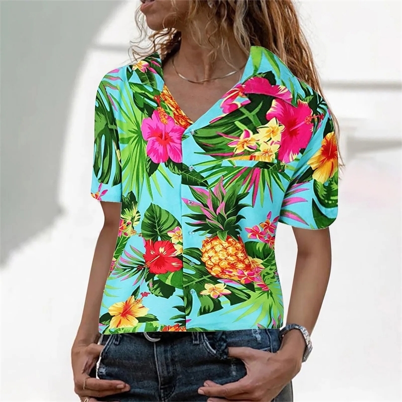 Funky Women Hawaiian Shirt Frontpocket Leaves Flowers Pineapple Print Womens Tops and Blouses Summer Female Top 260616 - view 3