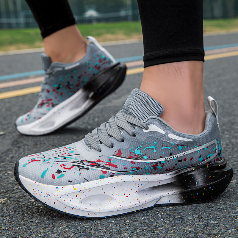 Colorful Ink Splash Mesh Road Running Sneakers For Men Women High Rebound Hollow Midsole Non Slip Rubber Outsole Lightweight Jogging Footwear - view 5