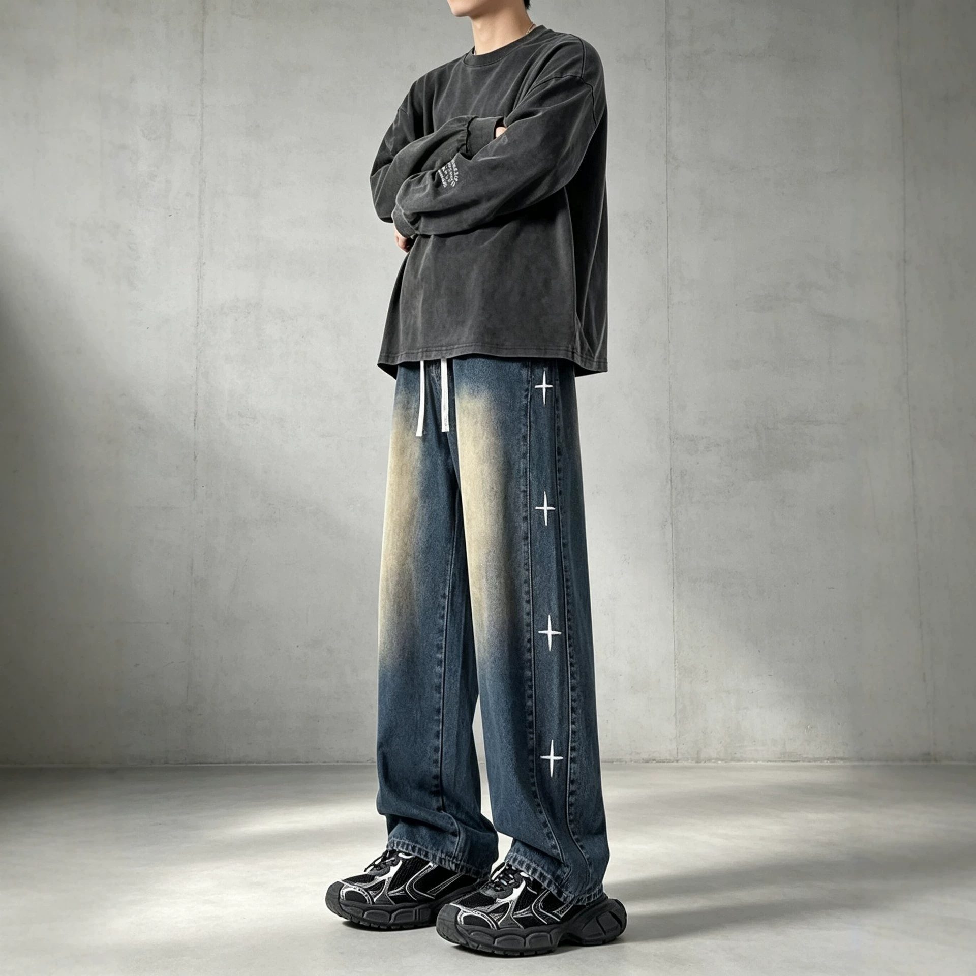 Exclusive Men's Pants Star-Embroidered Jeans, American Hip-Hop Style, Summer Thin Loose Straight-Leg Trousers Embroidered Jeans Straight Leg Pant