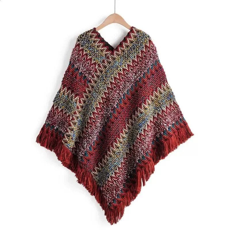 Poncho Cloak Ethnic Shawl Pullover Tassel Cardigan Color Travel Po Casual Women Knitted Cape Lady Coat Colorful Free Size 260625 - view 3