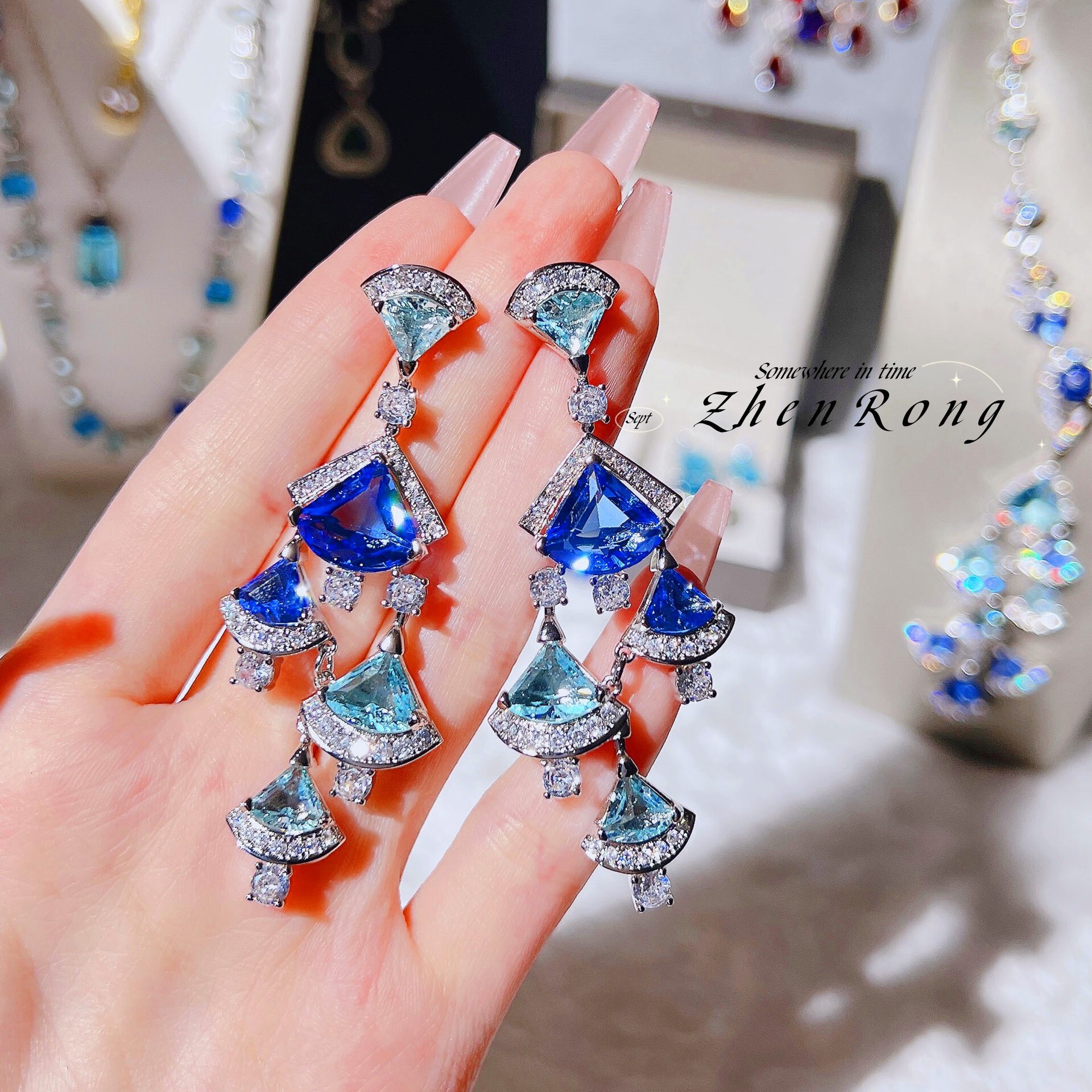 Earrings Luxury Inlaid Diamond Super Sparkling Zircon Big Brand Colorful Gem Fan-Shaped Water Drop Necklace Earrings Small Dress Chain Jewelry Set For - view 4