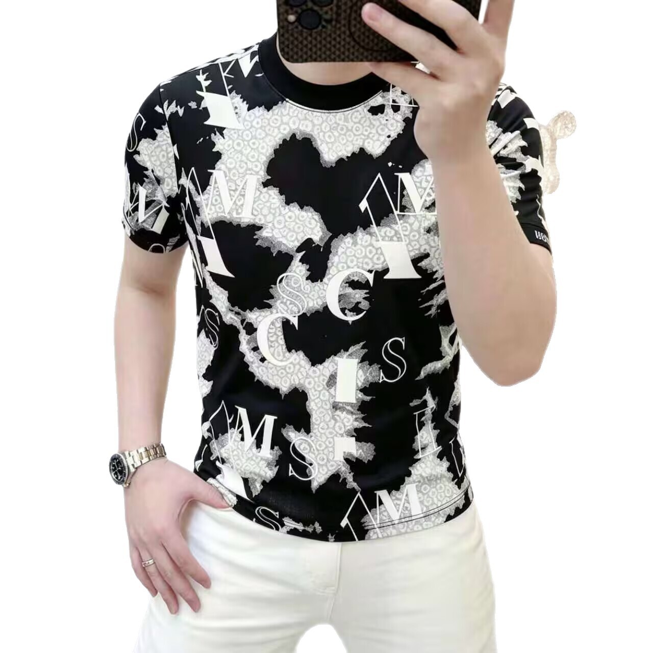 European Summer Men's New Ice Silk Round Neck Jacquard Fashion Trend Slim Fit Breathable Comfortable Short Sleeve Shirt For Men - view 6