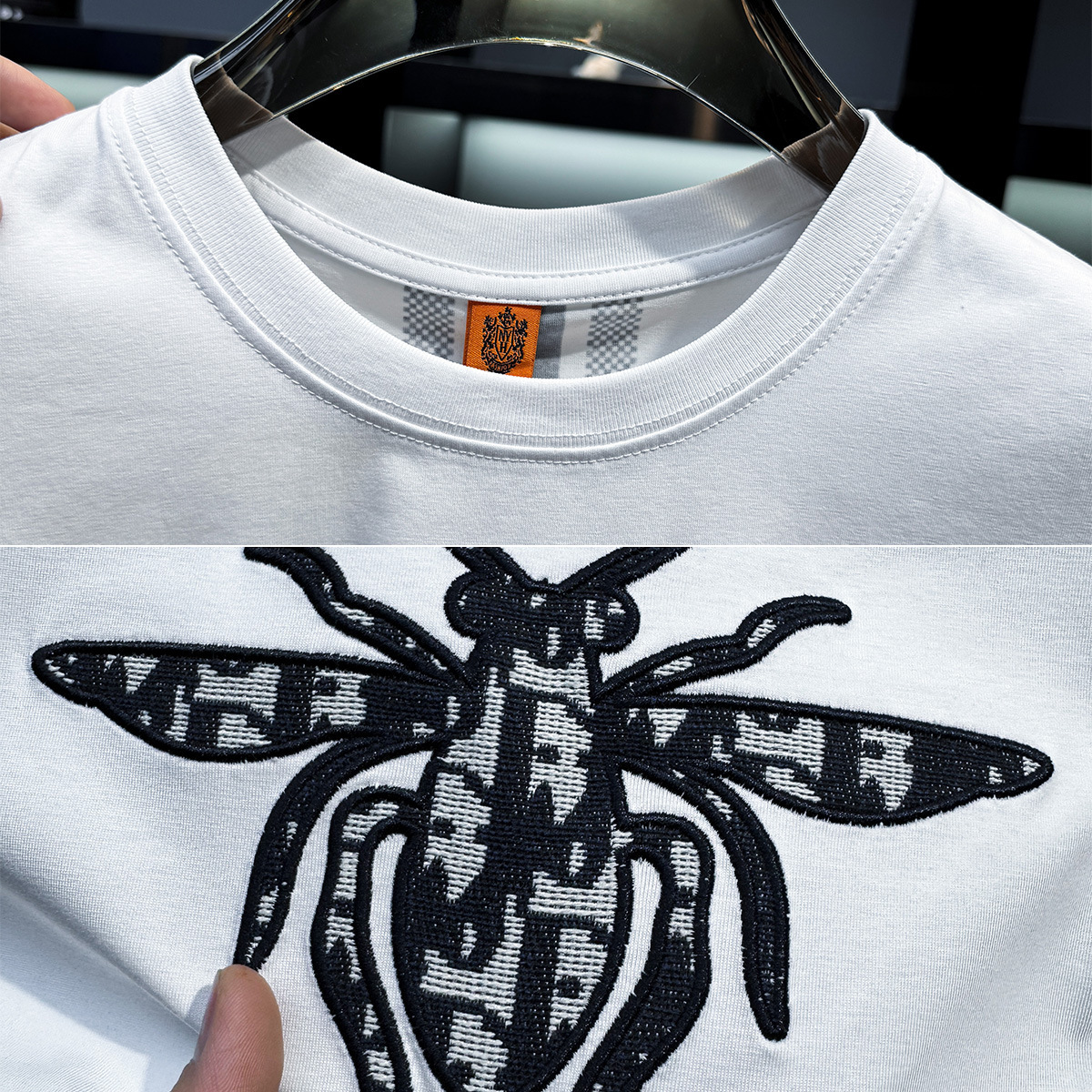 European-Style Men's High-End Striped Embroidered Round-Neck Short-Sleeve T-Shirt, Trendy Brand, New Summer American-Style Half-Sleeve - view 3
