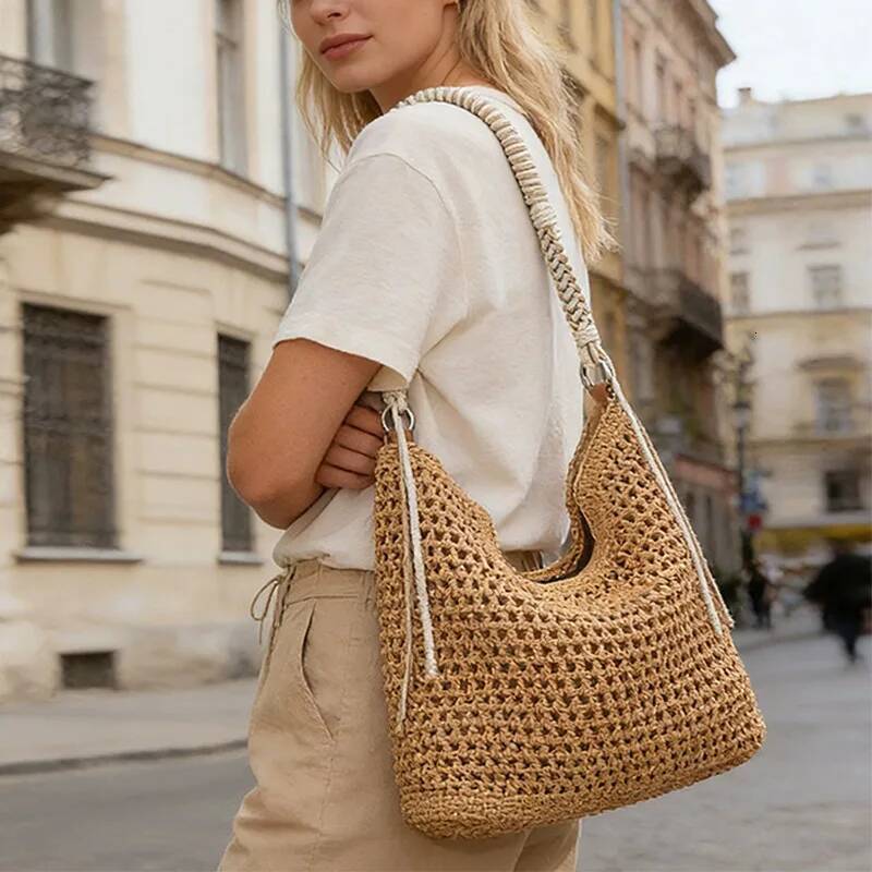 Fashion Rattan Women Shoulder Woven Female Handbags Large Capacity Summer Beach Straw Bags Casual Tote Purses Andralyn