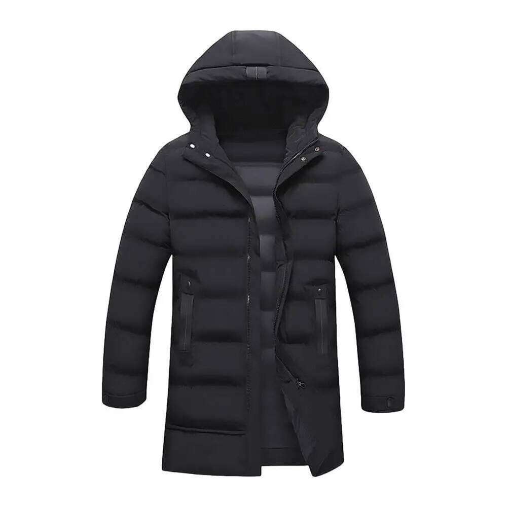 Zippered Men's Hooded Cotton Down Jacket with Long Sleeves Pockets Solid Color Thickened Casual Outwear for Winter W260626 - view 6