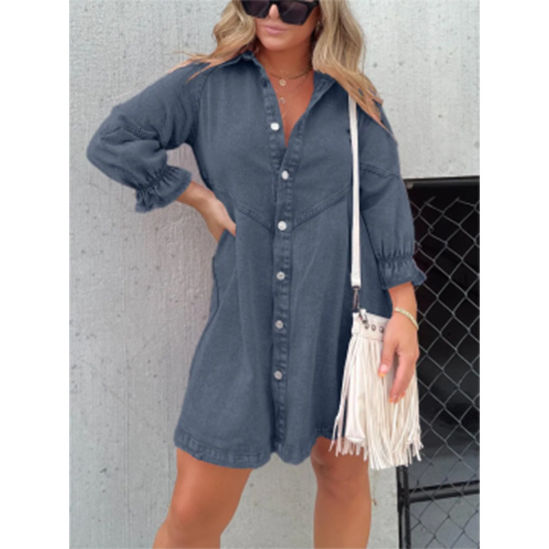 2023 New Hot-Selling Washed Shirt Denim Skirt Lantern Sleeve Loose Dress for Women - view 7