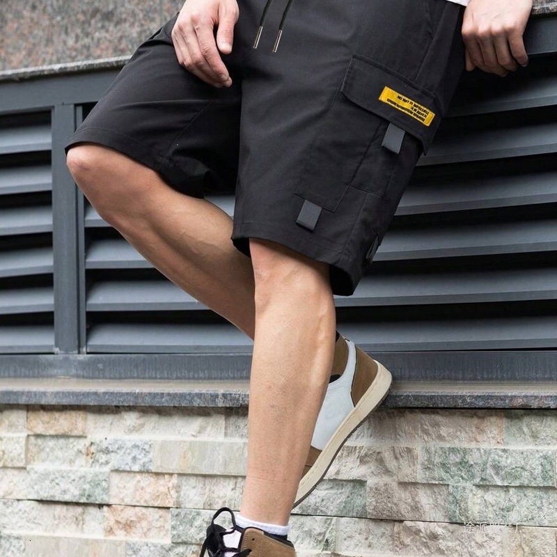 Jorts Cargo Shorts Summer Men Solid Color Drawstring Knee Length Shorts European Size Multi Strap Pockets Loose Fit Trendy Casual Student Outdoor Work