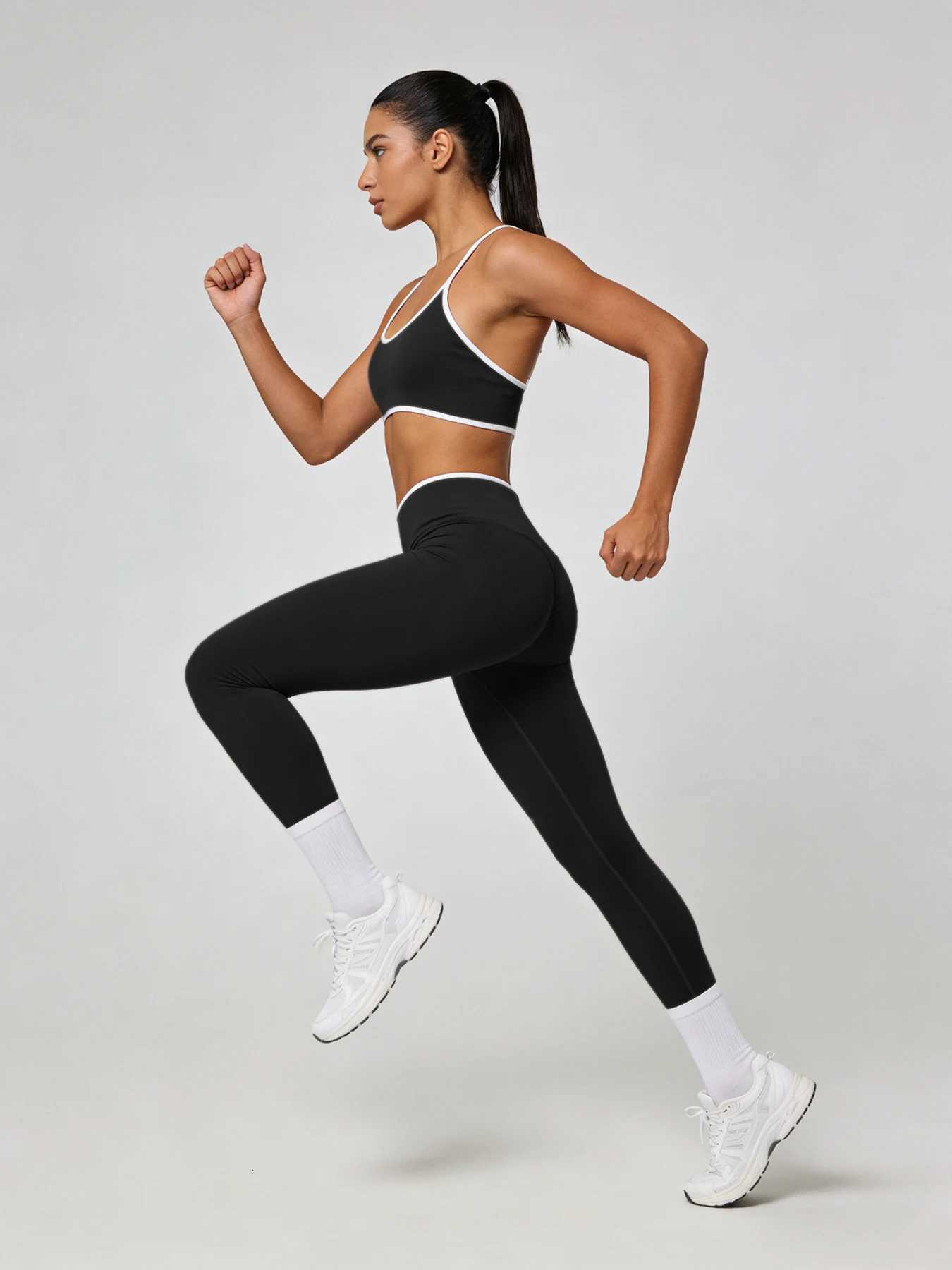 2Pcs Contrast Trim Womens Yoga Outfit Spaghetti Strap Sports Bra High Waist LEggings Gym Wear M260626 - view 5