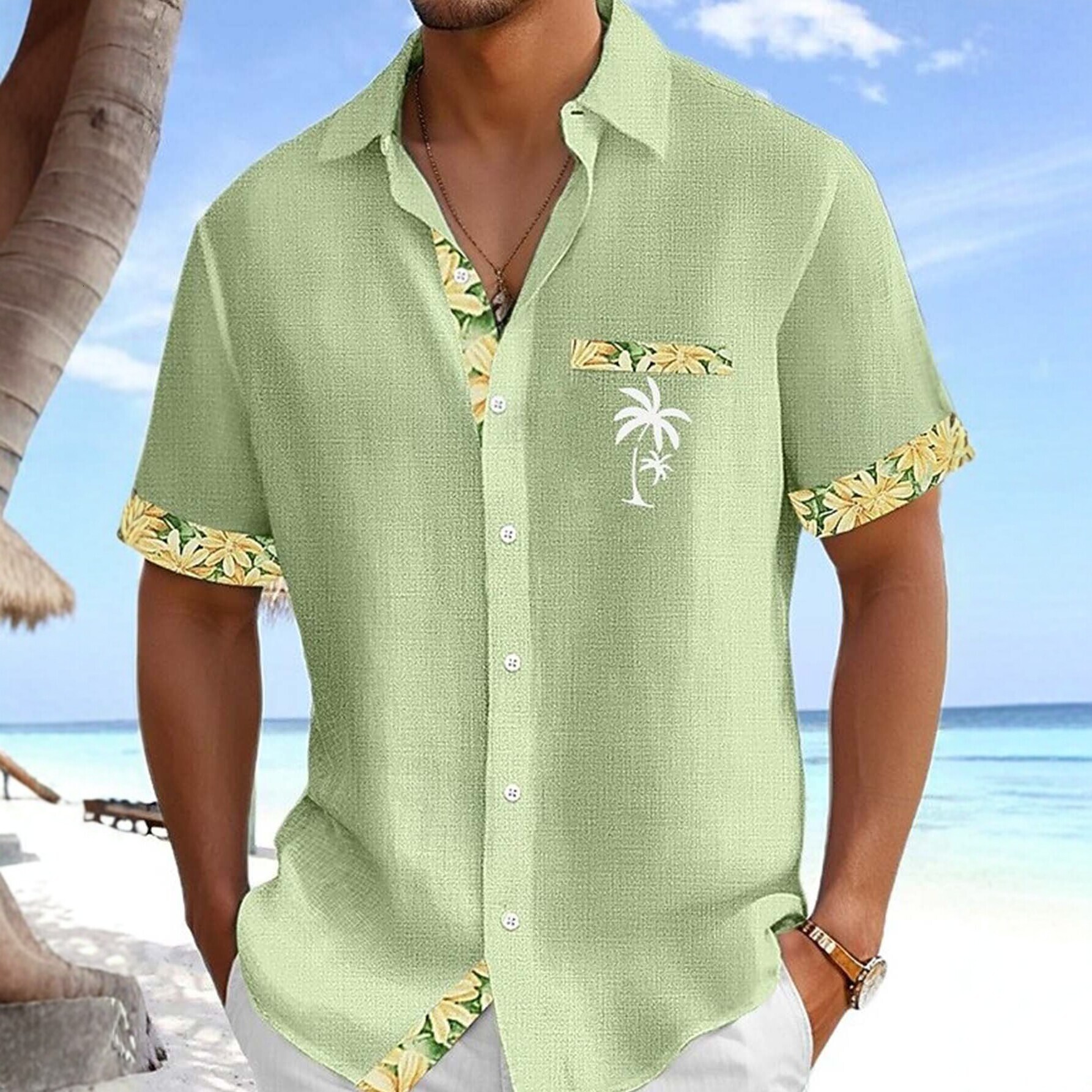 European American Style Refreshing Island-Style Men's Short-Sleeve Shirt With Plumeria Trim, - view 5