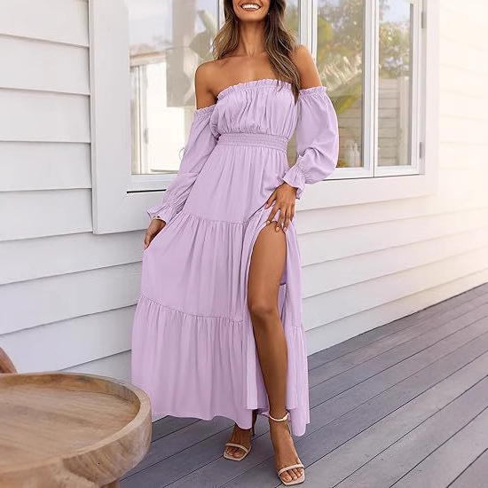 2025 Bohemian Sexy Off-Shoulder Long-Sleeve Ruched High-Waisted Side-Slit Flowing A-Line Layered Maxi Dress