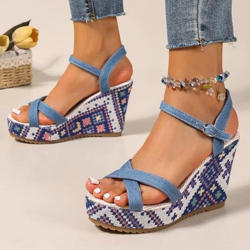 Womens Sandals Summer Denim Wedge Heel Super High Bohemian Shoes Beach 260626
