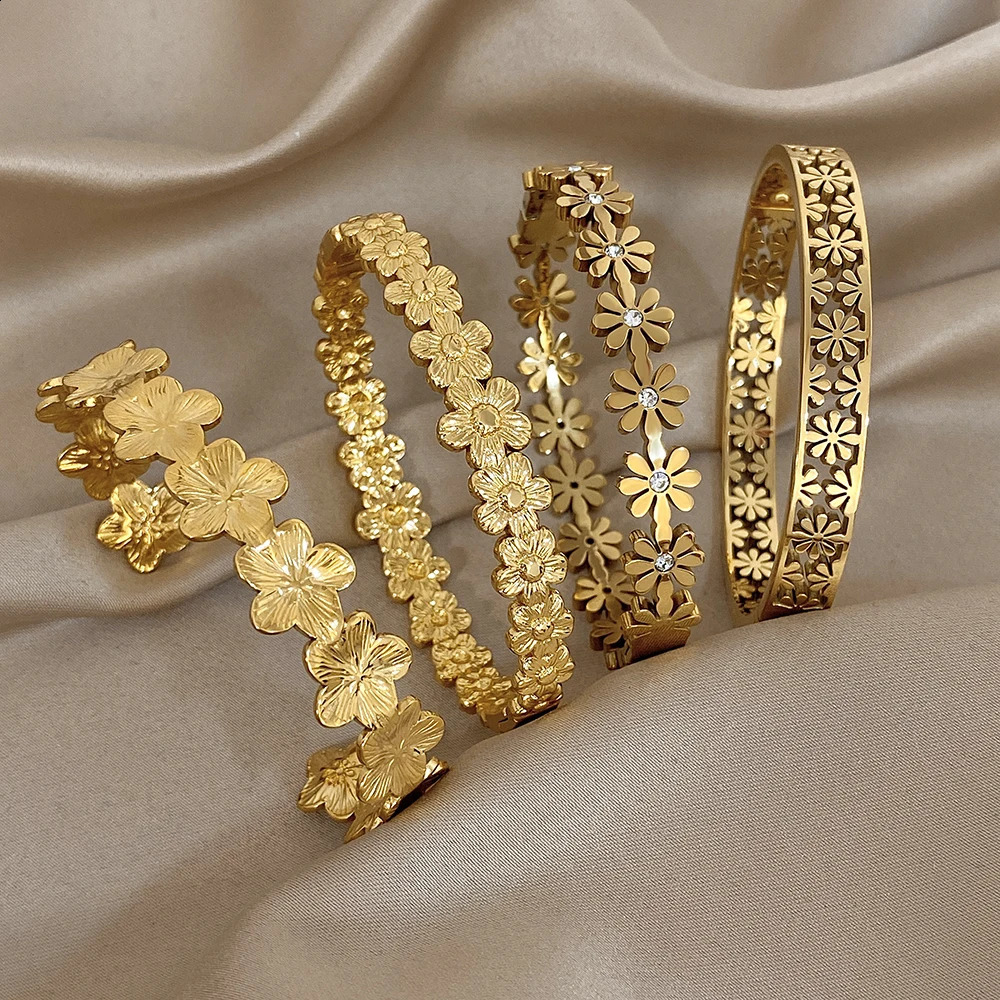316L Stainless Steel Flower Cuff Bracelet Bangle for Women Fashion Hollow Floral Aesthetic Couple Wrist Stacked Jewelry Gifts 260625