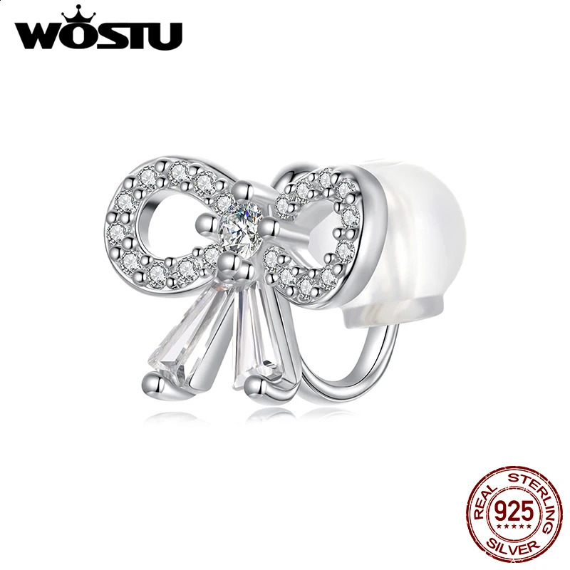 WOSTU 925 Sterling Silver Zircon bow knot MonoEar Cuff for Women Wedding Ear Clip Allmatch Jewelry Gift 1 Piece 260623