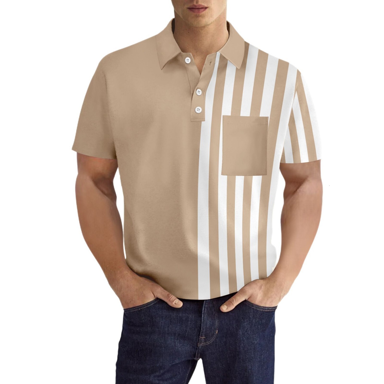 New Men's Casual POLO Shirt With Chest Pocket, V-Neck, Buttoned Stripes, And Printed Design, Versatile T-Shirt - view 6