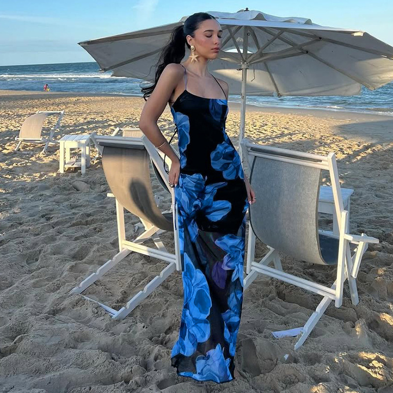 WQ25038PFO Halter Neck Backless Tie Dress 2025 Summer Beach Vacation Printed Maxi Dress - view 5