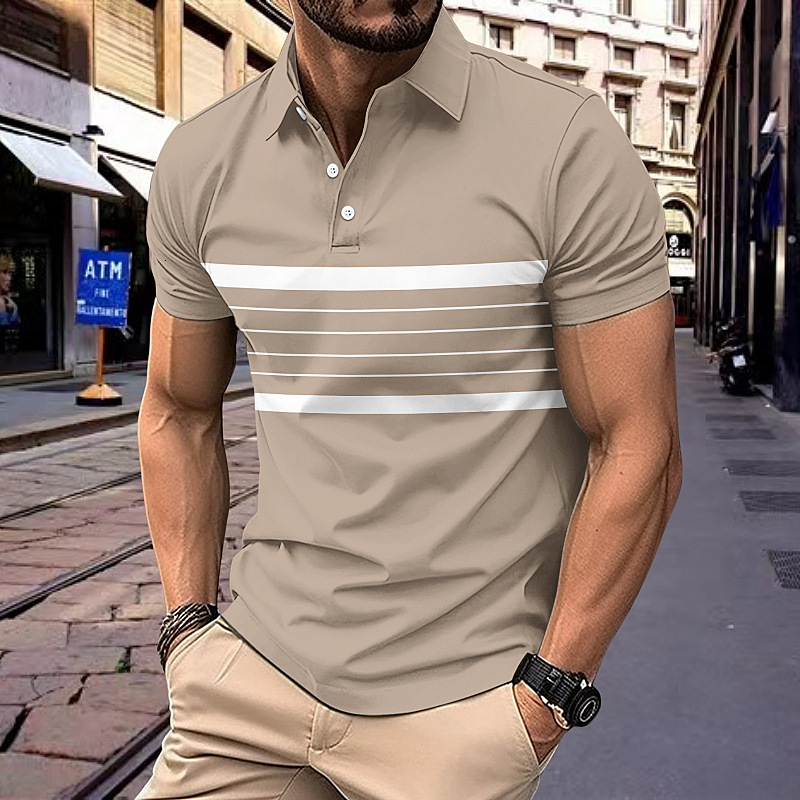 New Men's Casual POLO Shirt, Summer V-Neck Buttoned Striped Versatile T-Shirt - view 5