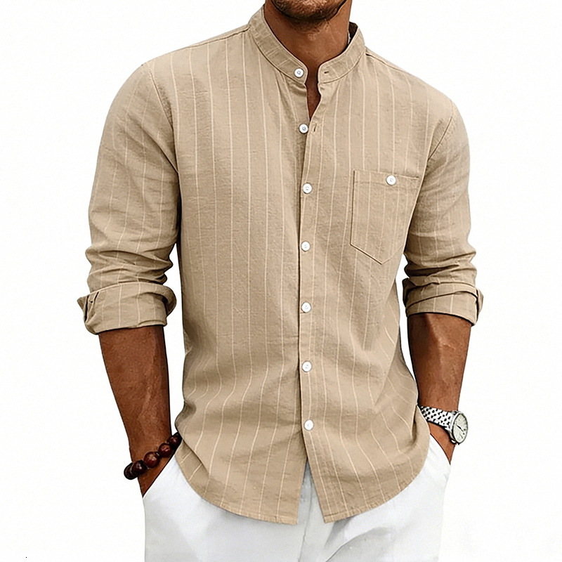Mens Linen Stand Collar Striped Shirt Spring and Autumn Casual Commuting Trendy Slim Fit Long Sleeve Shirt - view 5