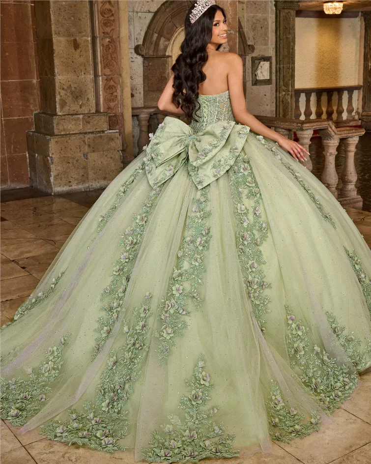 Mint green off-shoulder mesh dress with bow sleeves and beaded floral embellishments, sparkling mesh big ball gown Quinceanera forest-style dress - view 3