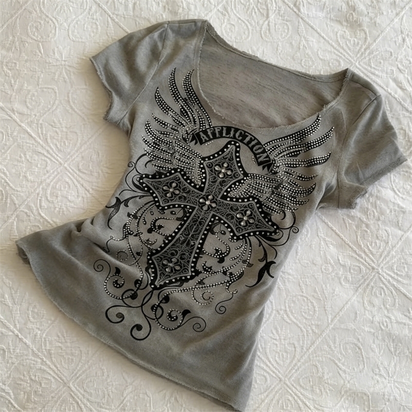 Grey Gothic Tee Women Wing Detail Raw Edge Neck Hem Y2K Aesthetic Streetwear 260625