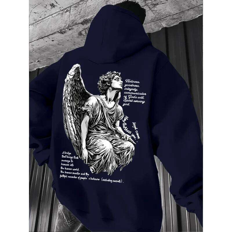 Men's Fashion Angel Print Street Retro Hooded Sweatshirt, Long-sleeved pullover shirt, Slightly elastic, W260626 - view 7