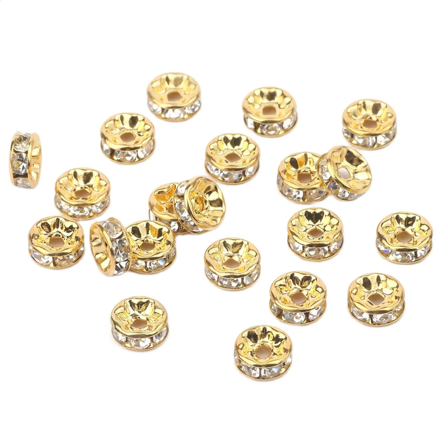 100pcs/Lot 4mm 6mm 8mm Gold Color Rhinestone Rondelles Loose Spacer Beads Metal Crystal Beads for Jewelry Making DIY Accessories 260623