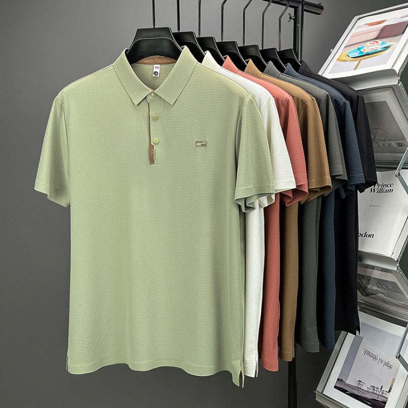 Men's Seamless Nylon-Spandex Short-Sleeve T-Shirt Summer New Design, Casual Solid Color Men's Turn-Down Collar Polo Shirt Top - view 6